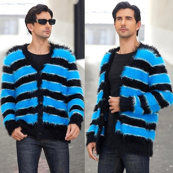 NEW‼️Fuzzy Cardigan in Vibrant Blue and Black S - Picture 1 of 5